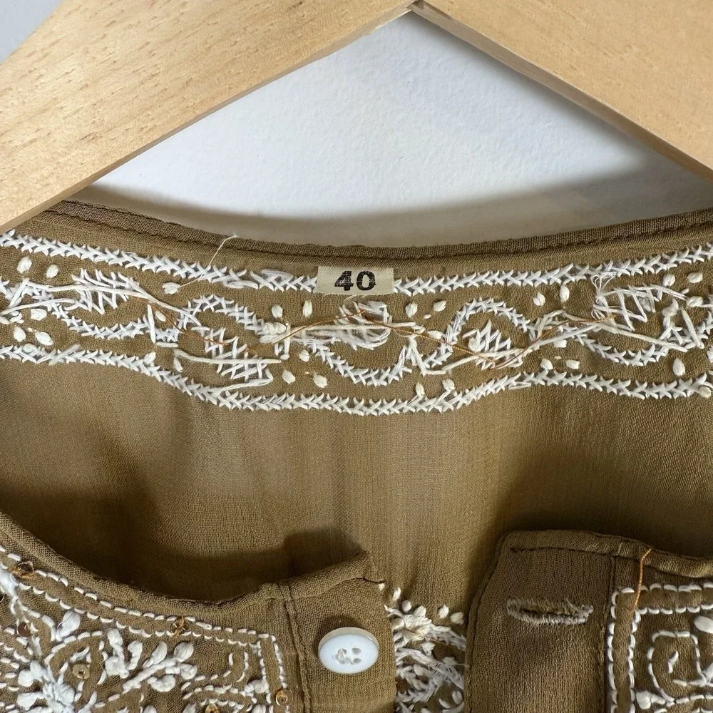 BOHO Semi Sheer Beaded Embroidered Print Pattern Sequin Popover Shirt Top Blouse